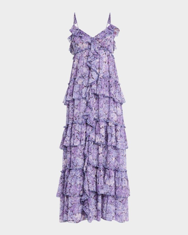Fadrid Painted Hydrangea Ruffle Midi Dress